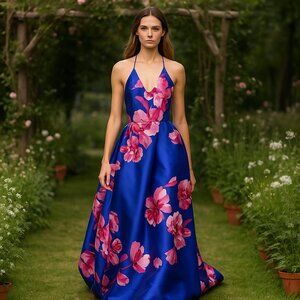 Royal Blue & Pink Floral Satin Gown – Juniors Size 11